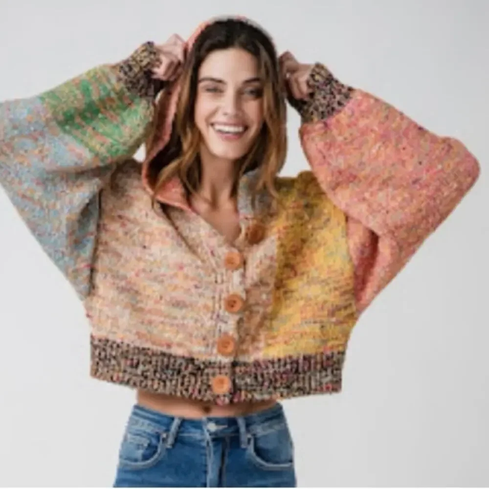 Free People Vibe Check Multicolor Cropped Hooded Cardigan - Picture 1 of 10